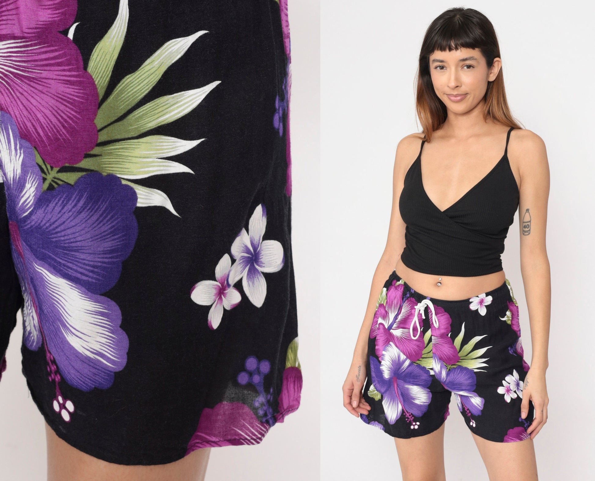 Y2K Black Rayon Shorts Purple Hibiscus Tropical Floral Drawstring Small Medium
