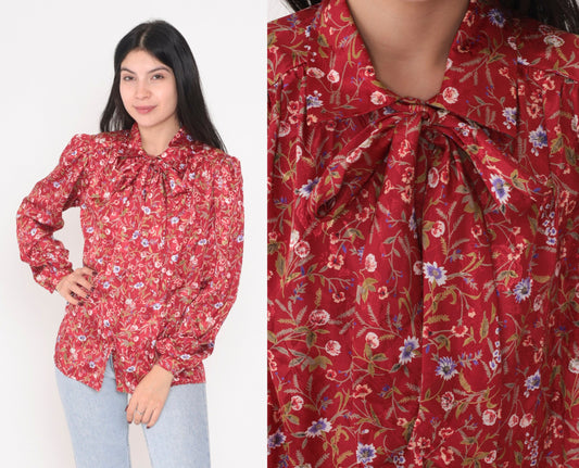 80s Gianna Floral Ascot Blouse Red Puff Sleeve Button-Up Medium
