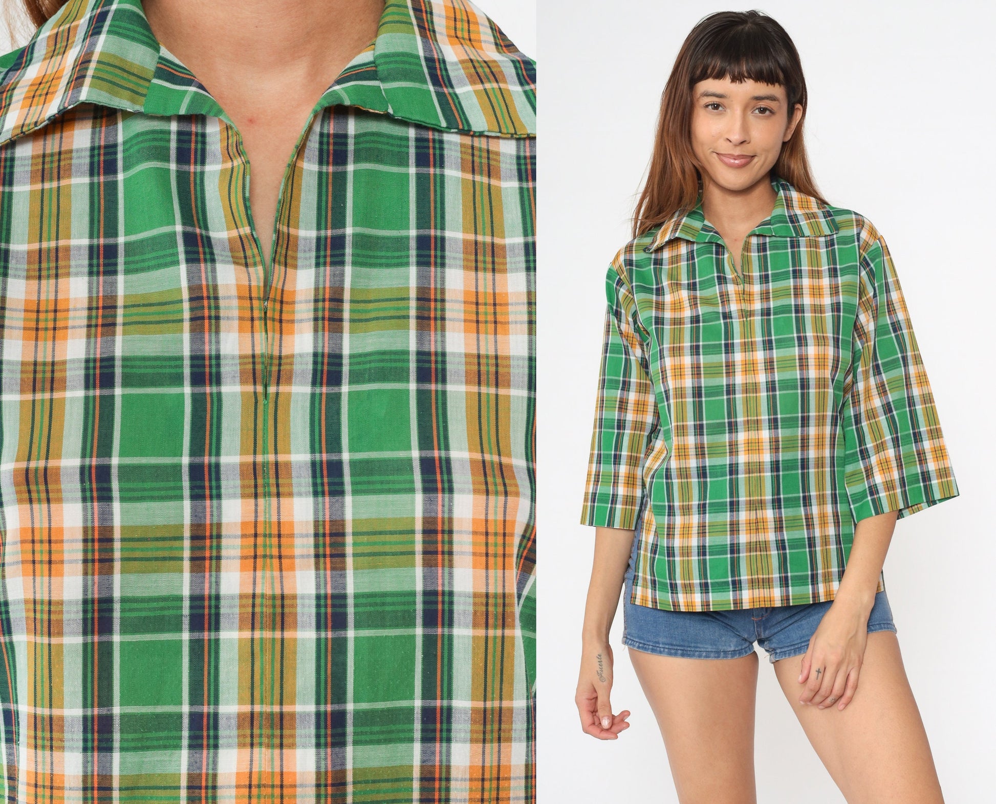 70s Green Plaid Tunic Blouse 3/4 Sleeve Collared Shirt Small