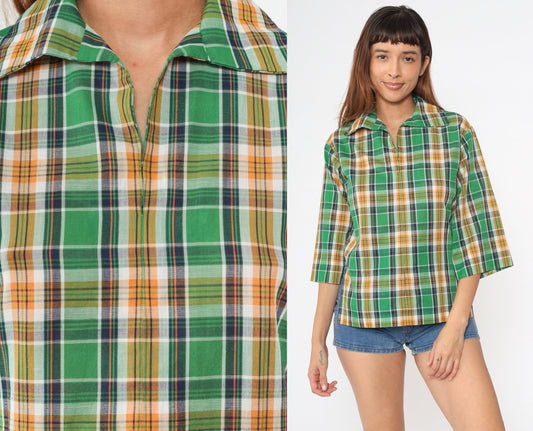 70s Green Plaid Tunic Blouse 3/4 Sleeve Collared Shirt Small