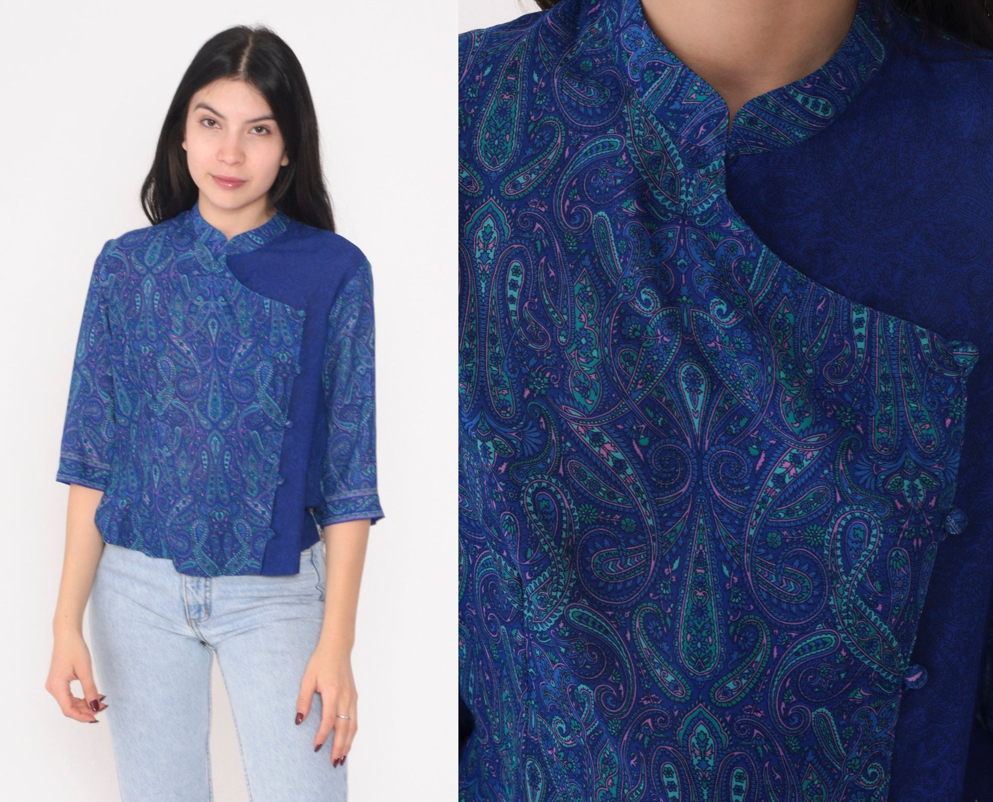 90s Blue Paisley Asymmetrical Button-Up Blouse Half Sleeve Medium Large