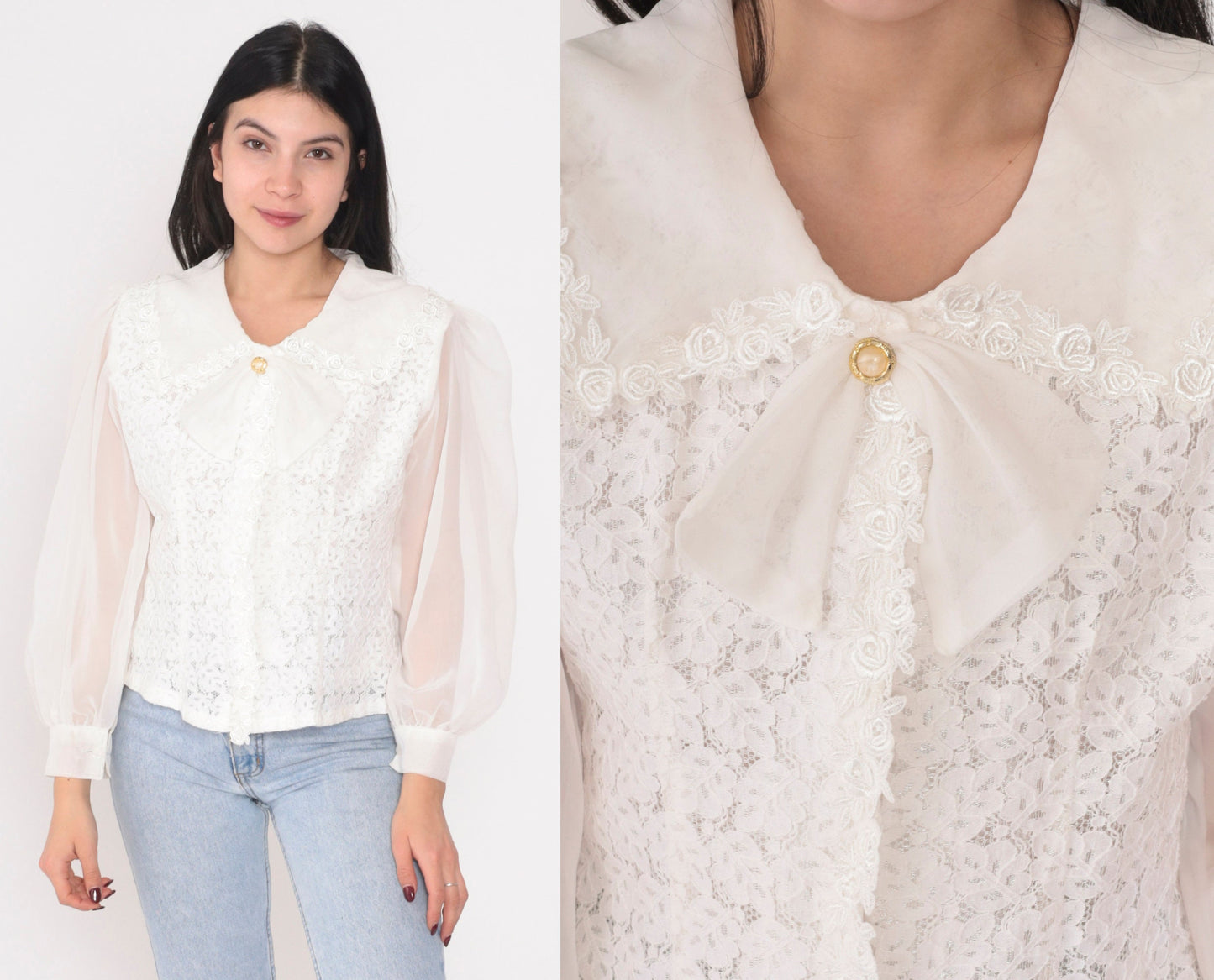 90s White Lace Blouse Puff Sleeve Bow Button-Up Collared Top Small S