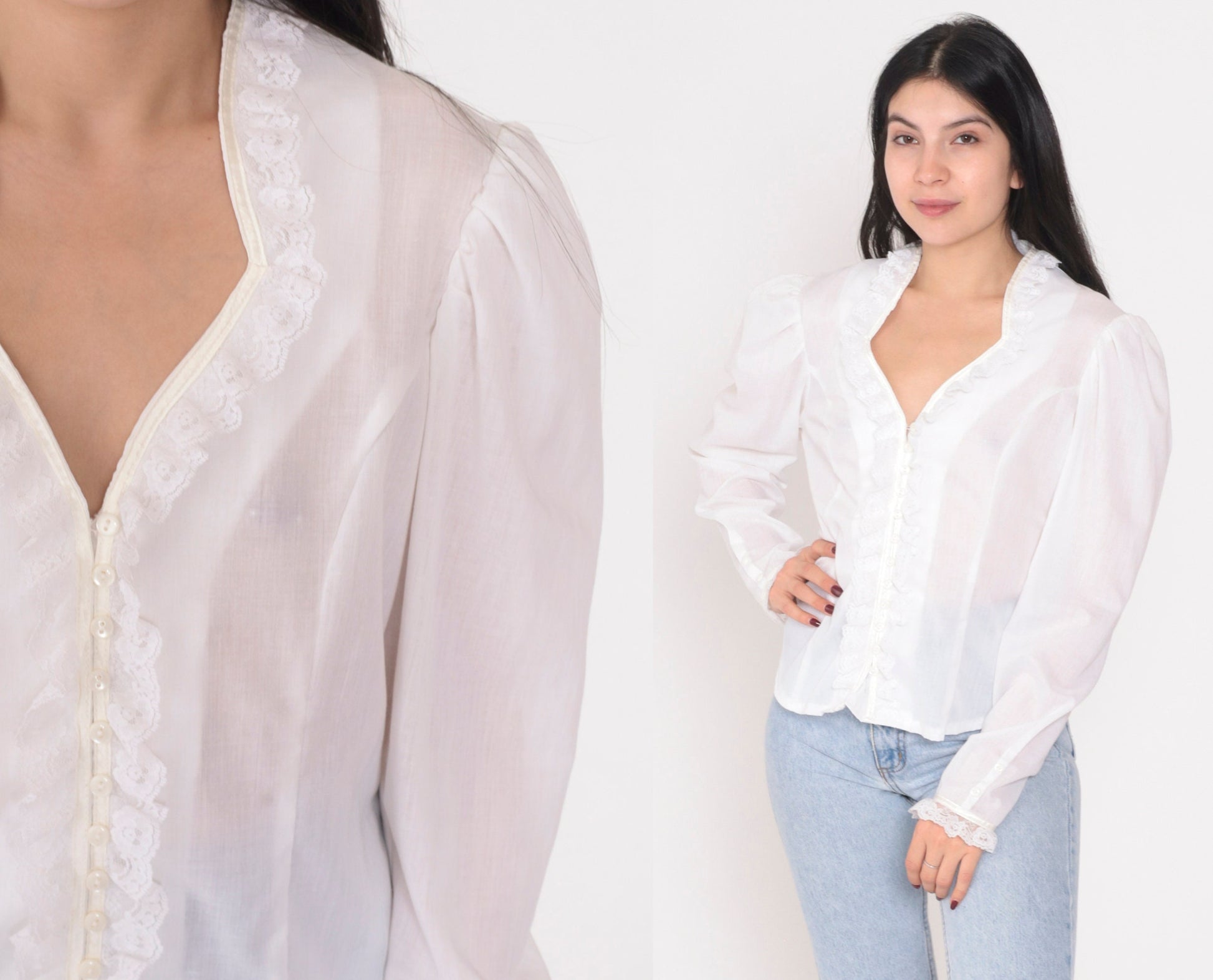 80s White Semi-Sheer Button-Up Blouse Lace Trim Puff Sleeve Medium