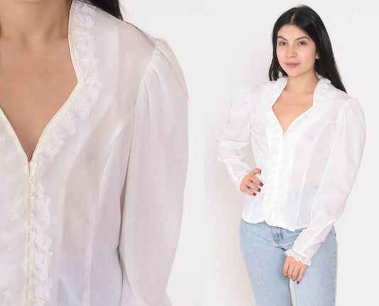 80s White Semi-Sheer Button-Up Blouse Lace Trim Puff Sleeve Medium