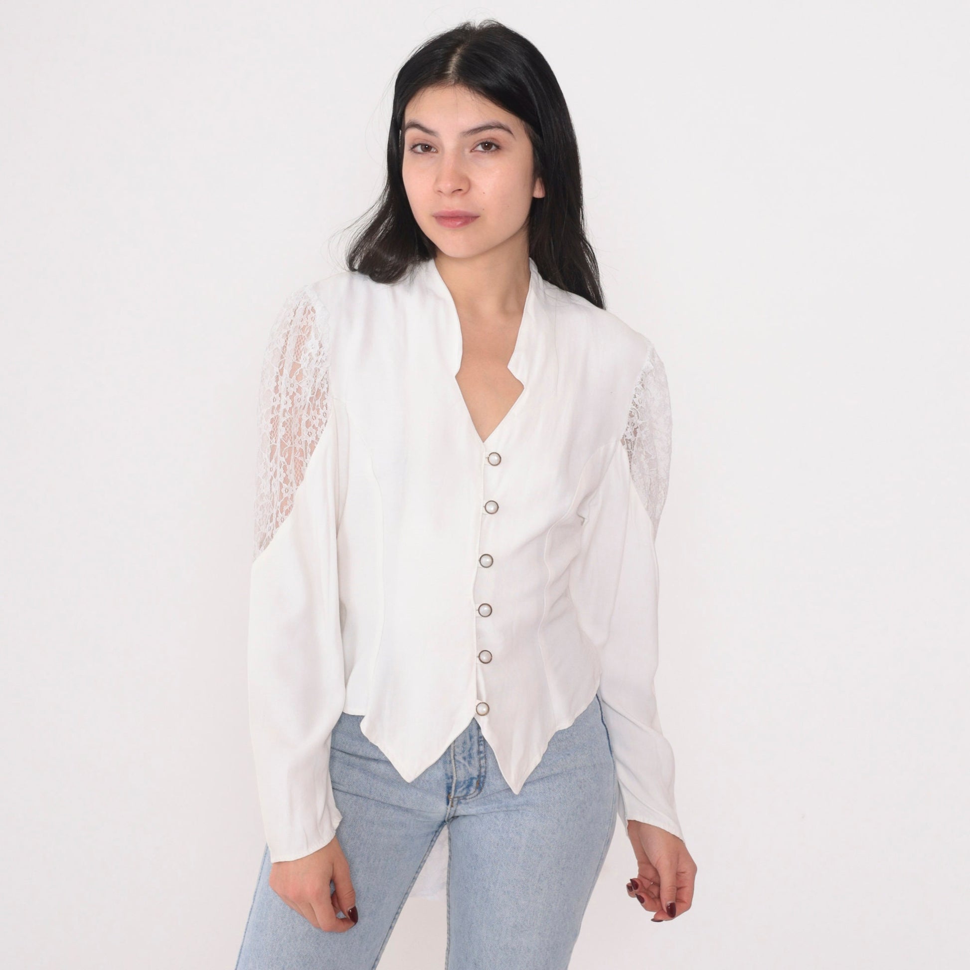 90s Vanity USA White Lace Blouse Puff Sleeve Button Up Small S