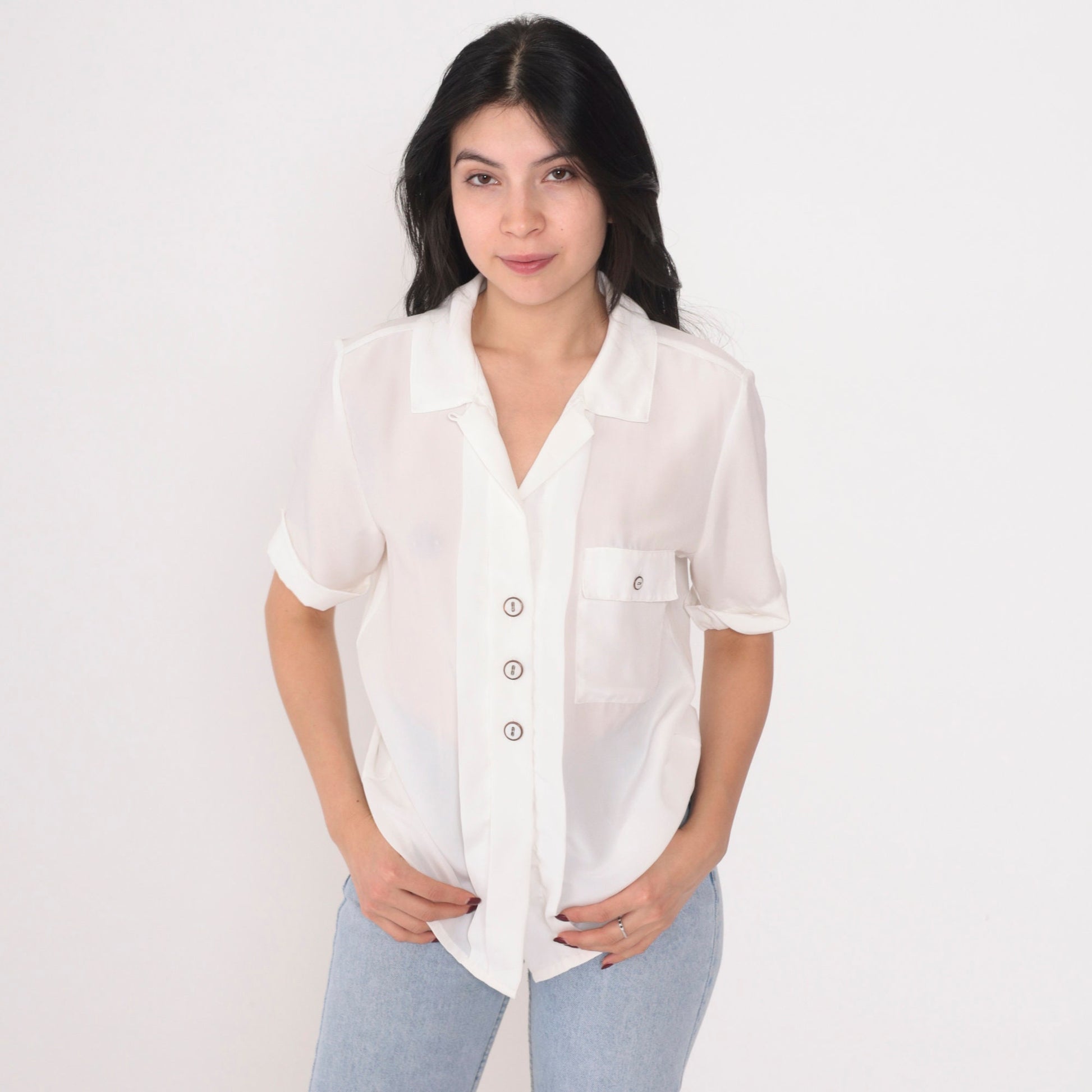 90s Nicola White Sheer Button-Up Blouse V-Neck Chest Pocket Small S
