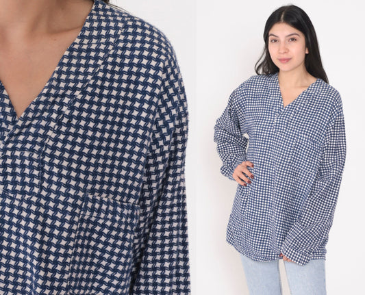80s Blue White Checkered Cotton Tunic Top Long Sleeve V-Neck Extra Large XL
