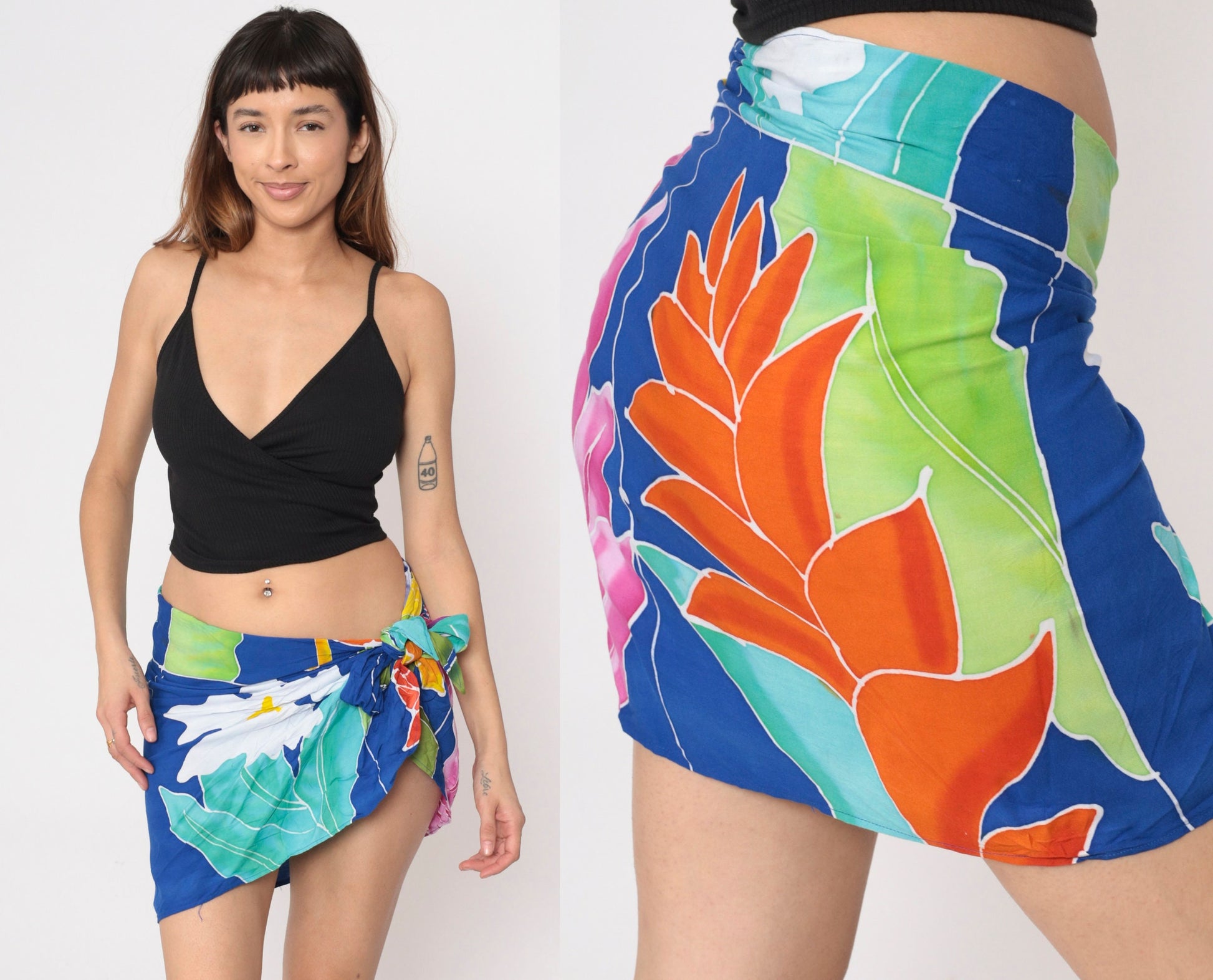 80s Buster N Bogi Tropical Sarong Mini Skirt Blue Floral Rayon Medium