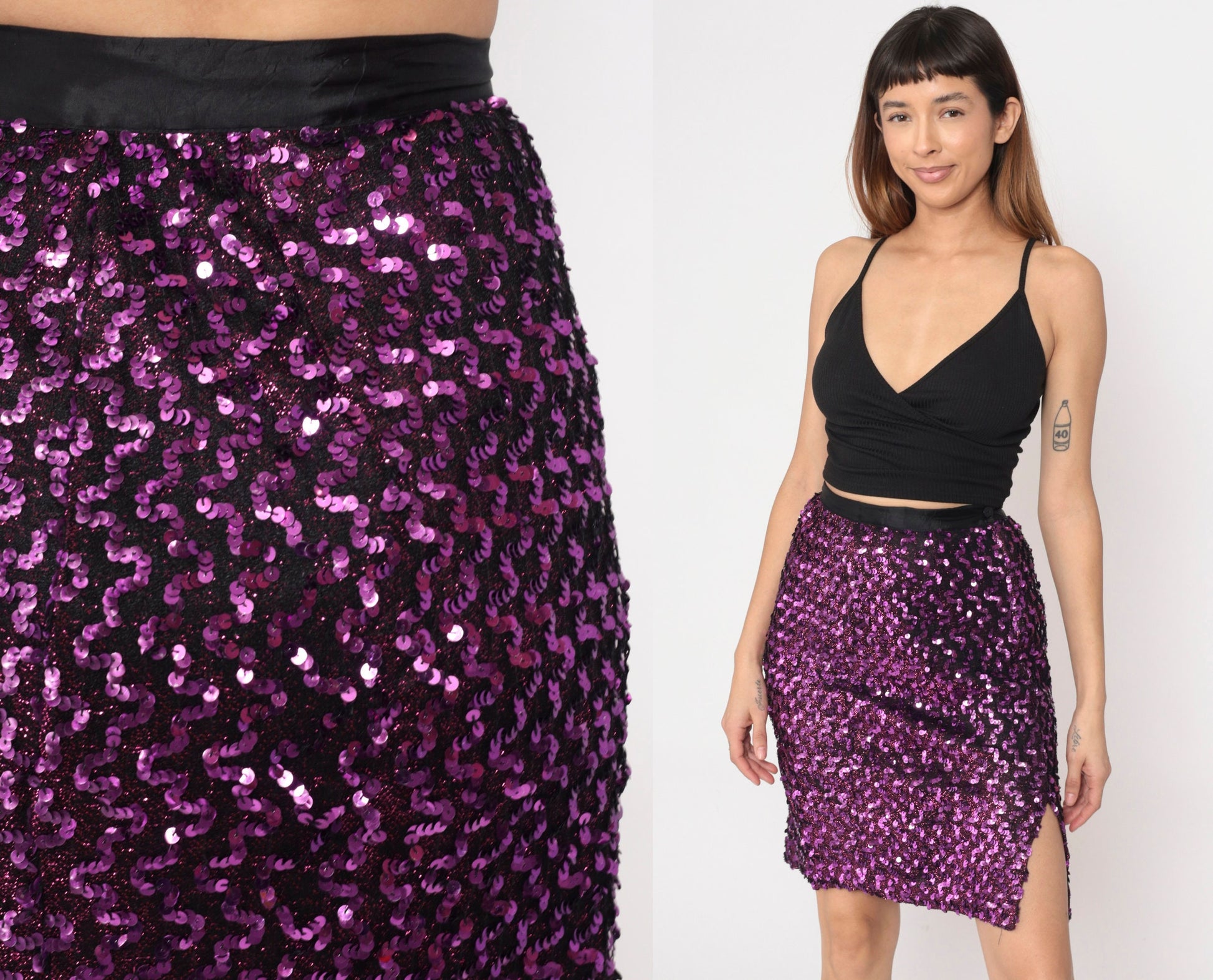 80s Purple Sequin Pencil Skirt High Waist Mini Slit Small S