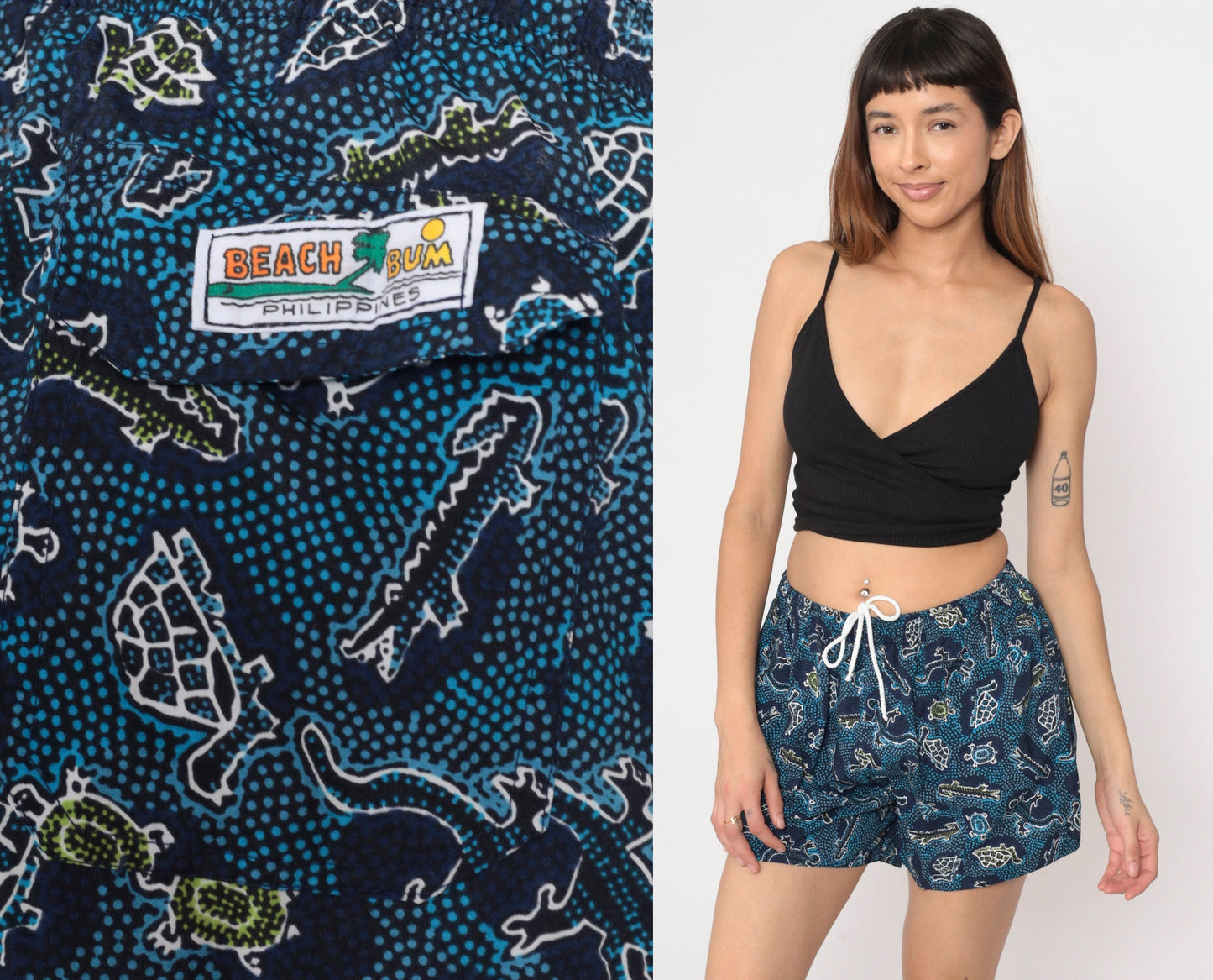 00s Turtle Alligator Print Swim Shorts Blue Elastic Waist Small