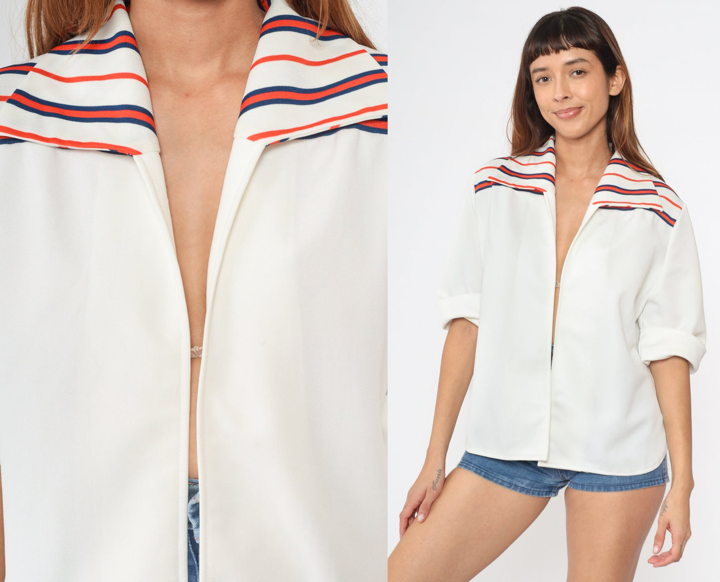 70s Open Front Jacket Off-White Navy Orange Striped Short Sleeve Medium
