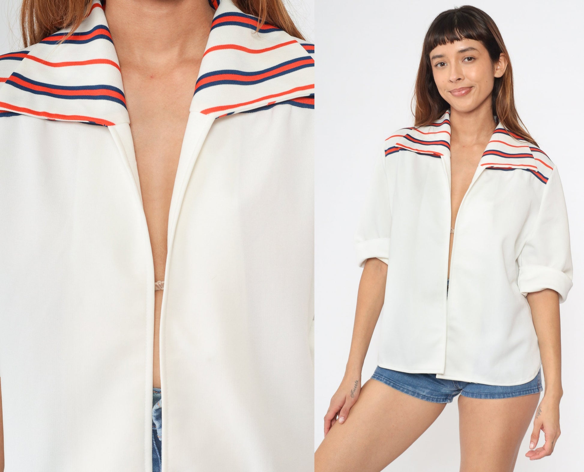 70s Open Front Jacket Off-White Navy Orange Striped Short Sleeve Medium