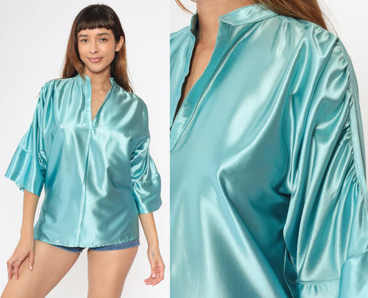 70s Jon Pier Shiny Blue Mandarin Collar Blouse V-Neck 3/4 Sleeve Small S