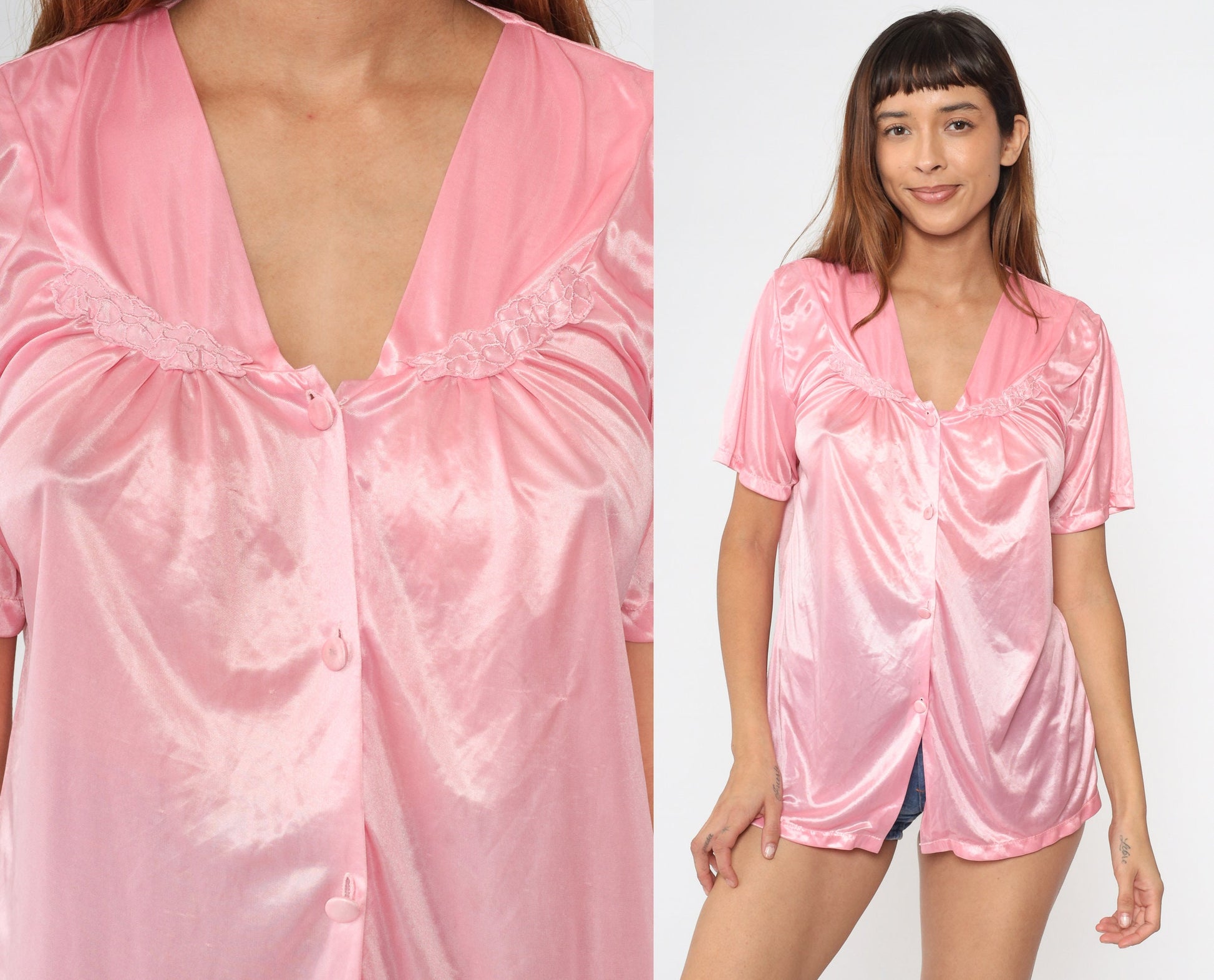 00s Pink Floral Embroidered Pajama Top Button-Up Sleep Shirt Medium