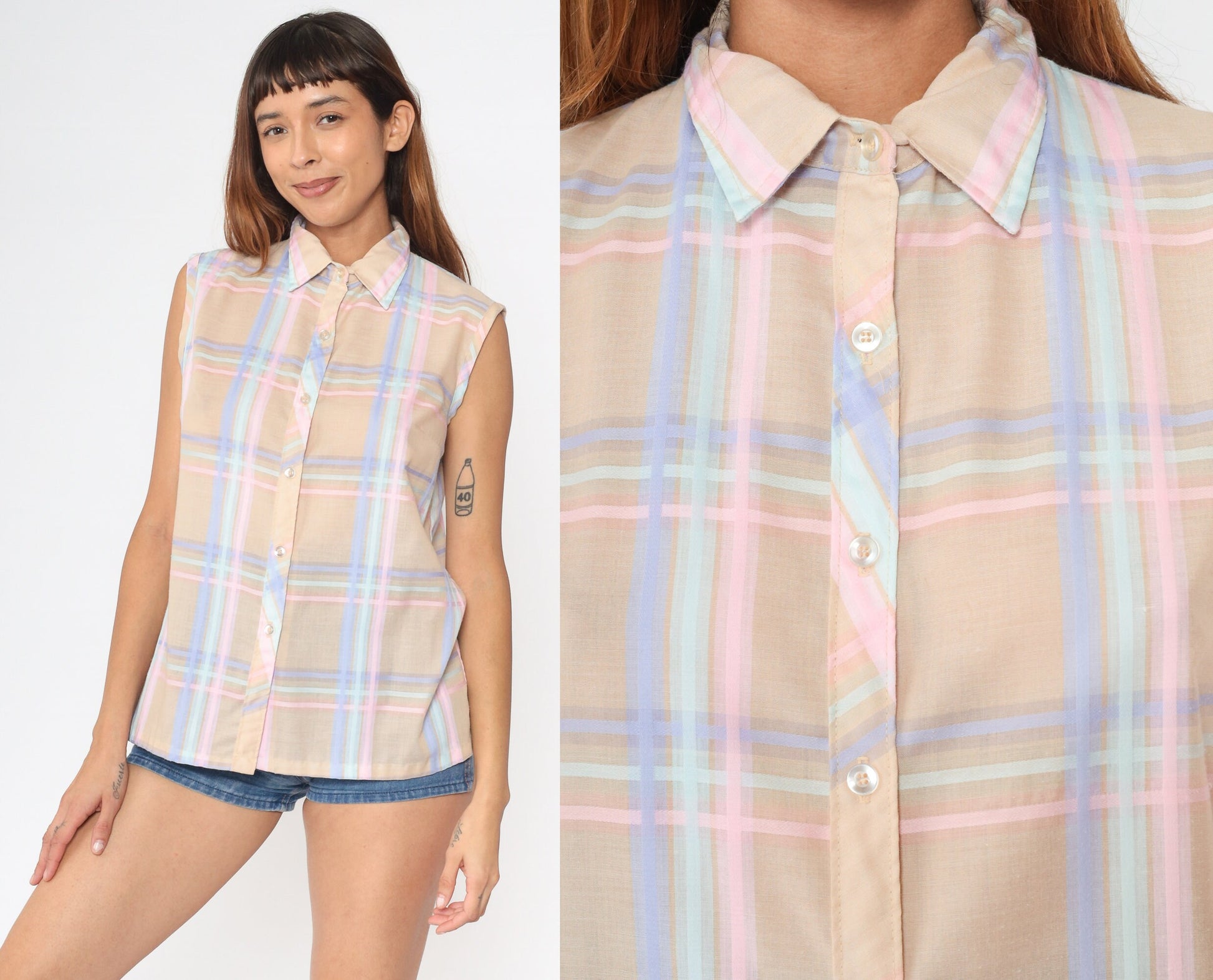80s Plaid Button-Up Tank Top Tan Pink Lavender Checkered Blouse Medium