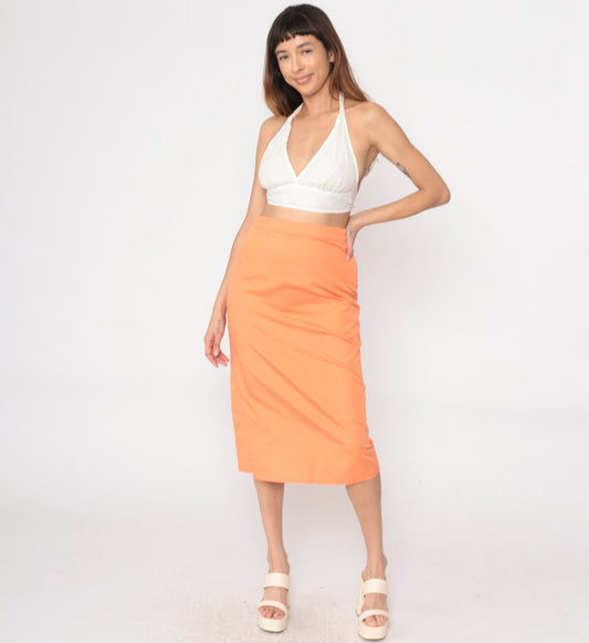 80s Orange Midi Pencil Skirt High Waist Kick Pleat Small