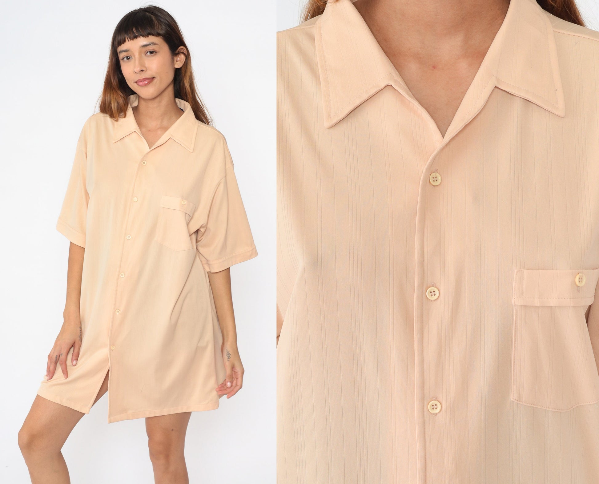 70s Peach Button-Up Shirt Men's Short Sleeve Collared Disco Shirt Extra Large Tall