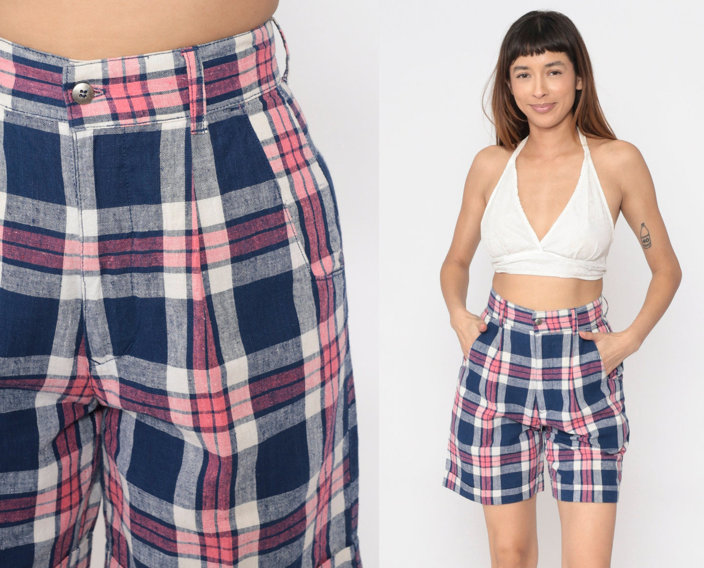 90s Dark Blue Pink Plaid High-Waisted Shorts Pleated Cotton Small