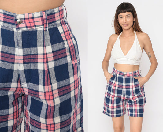 90s Dark Blue Pink Plaid High-Waisted Shorts Pleated Cotton Small