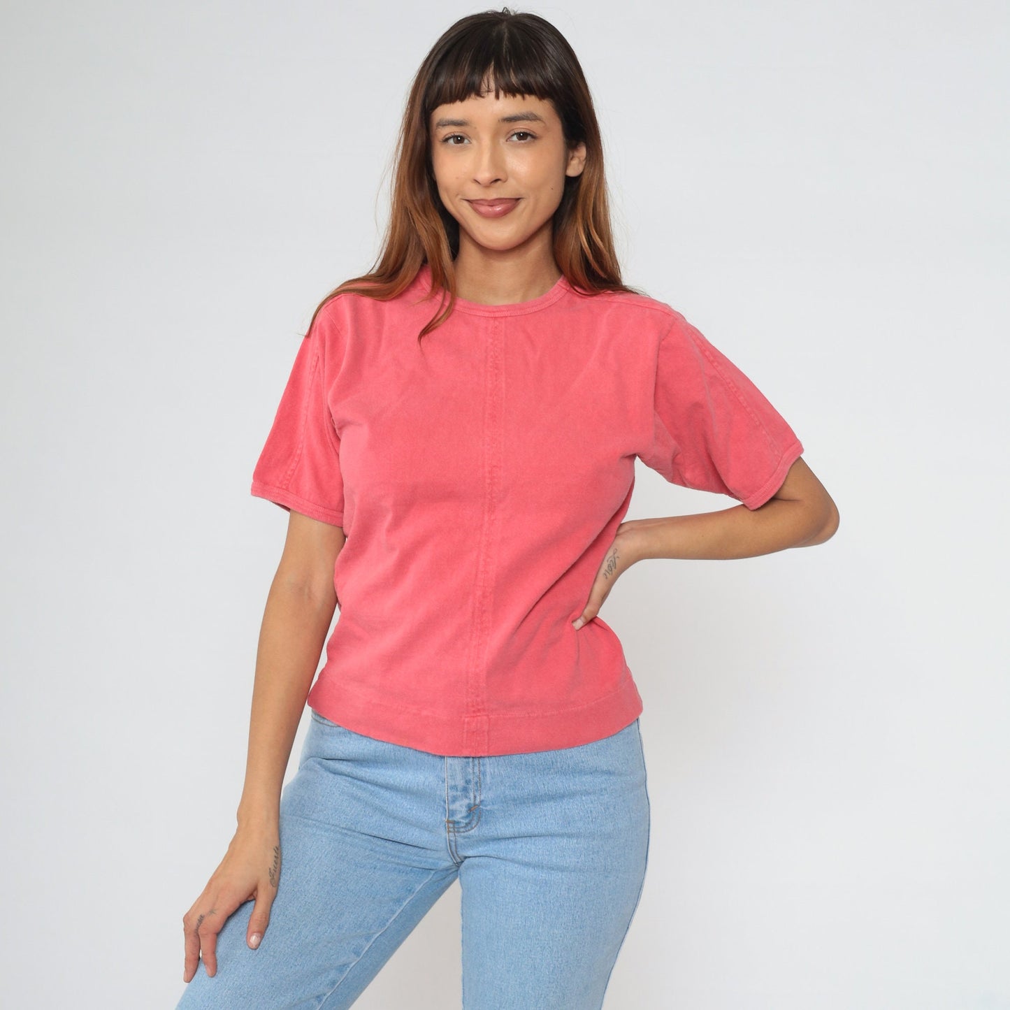 90s Coral Pink Crewneck T-Shirt Plain Tee Small S