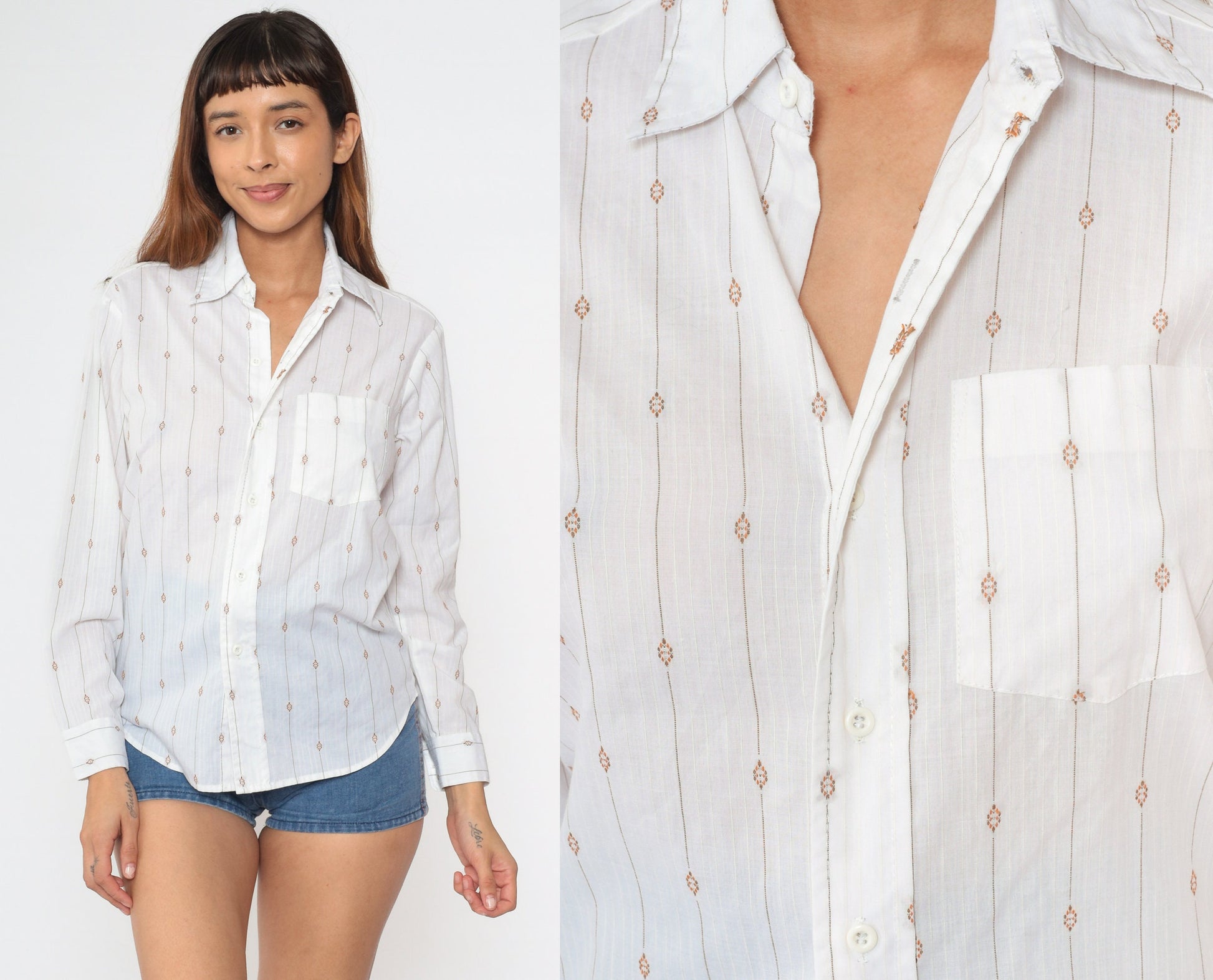 70s White Pinstriped Oxford Button-Up Shirt Dagger Collar Long Sleeve Small