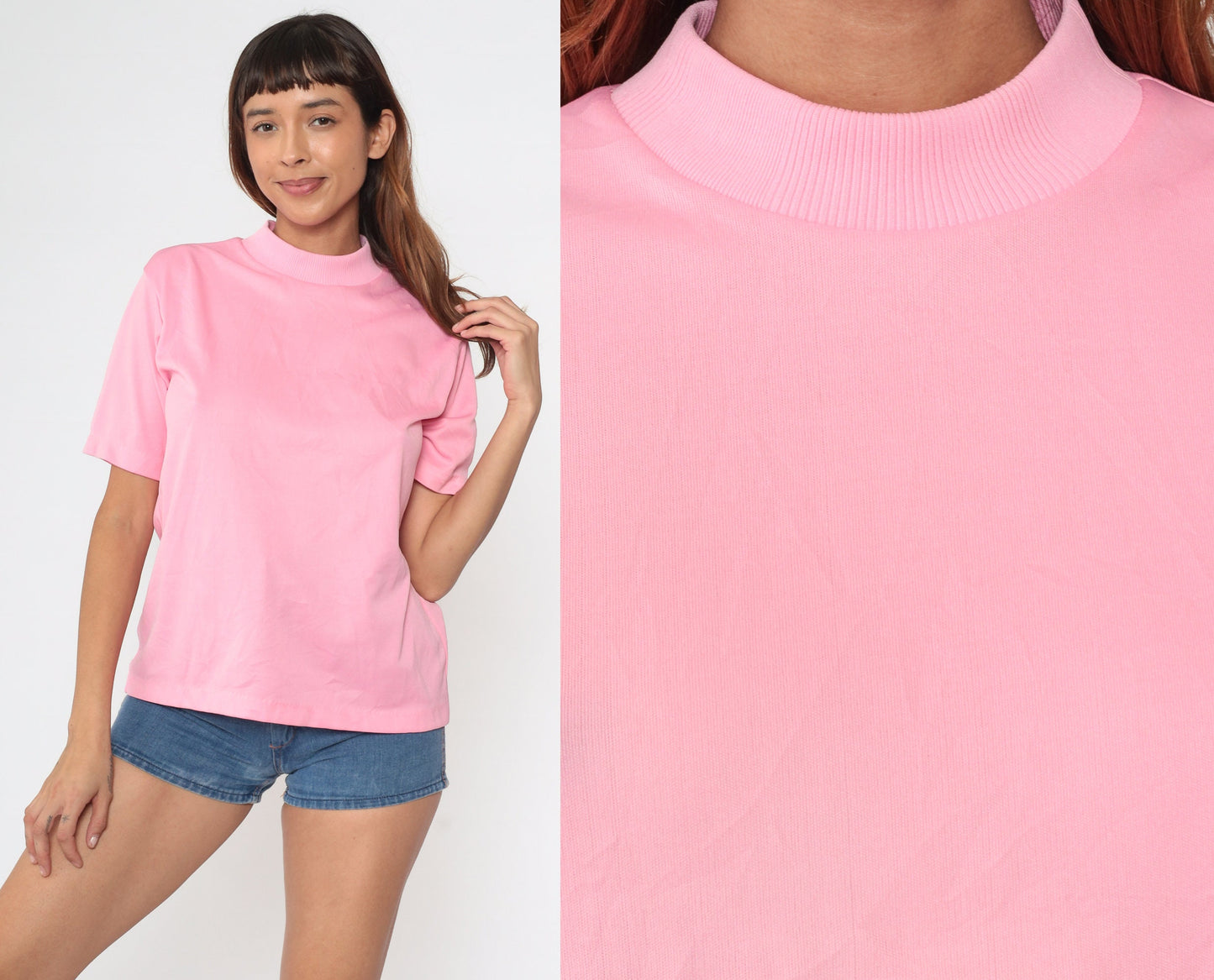 70s Pink Mock Neck Shirt Short Sleeve Blouse Medium Large