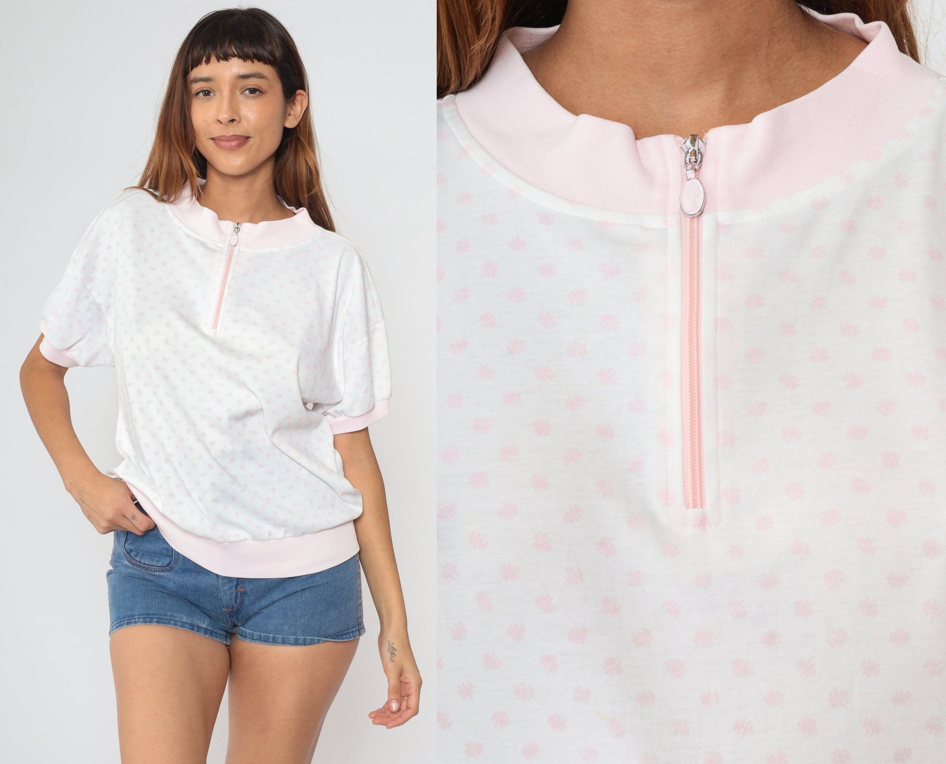 90s White Pink Polka Dot Quarter Zip Short Sleeve Shirt Large L