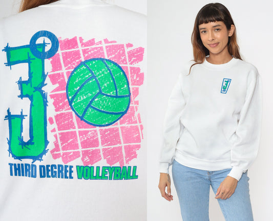 90s Third Degree Volleyball Sweatshirt Neon Graphic Jerzees Pullover White Medium