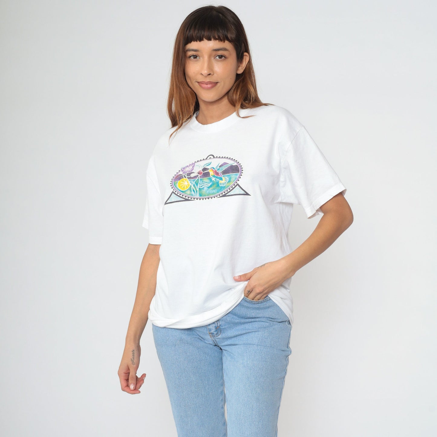90s Hummingbird Floral Graphic T-Shirt White Cotton Tee Mountain Print Large
