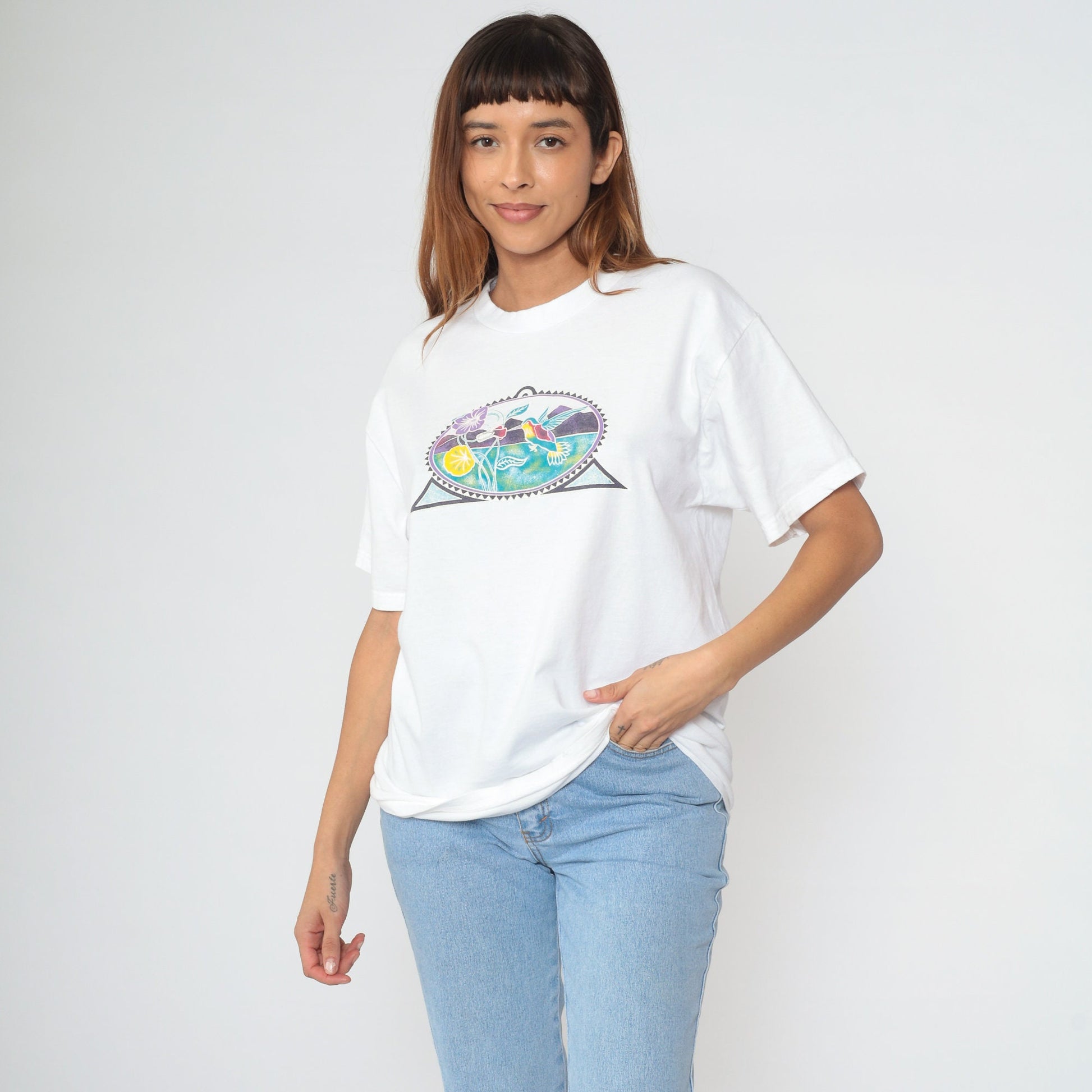 90s Hummingbird Floral Graphic T-Shirt White Cotton Tee Mountain Print Large