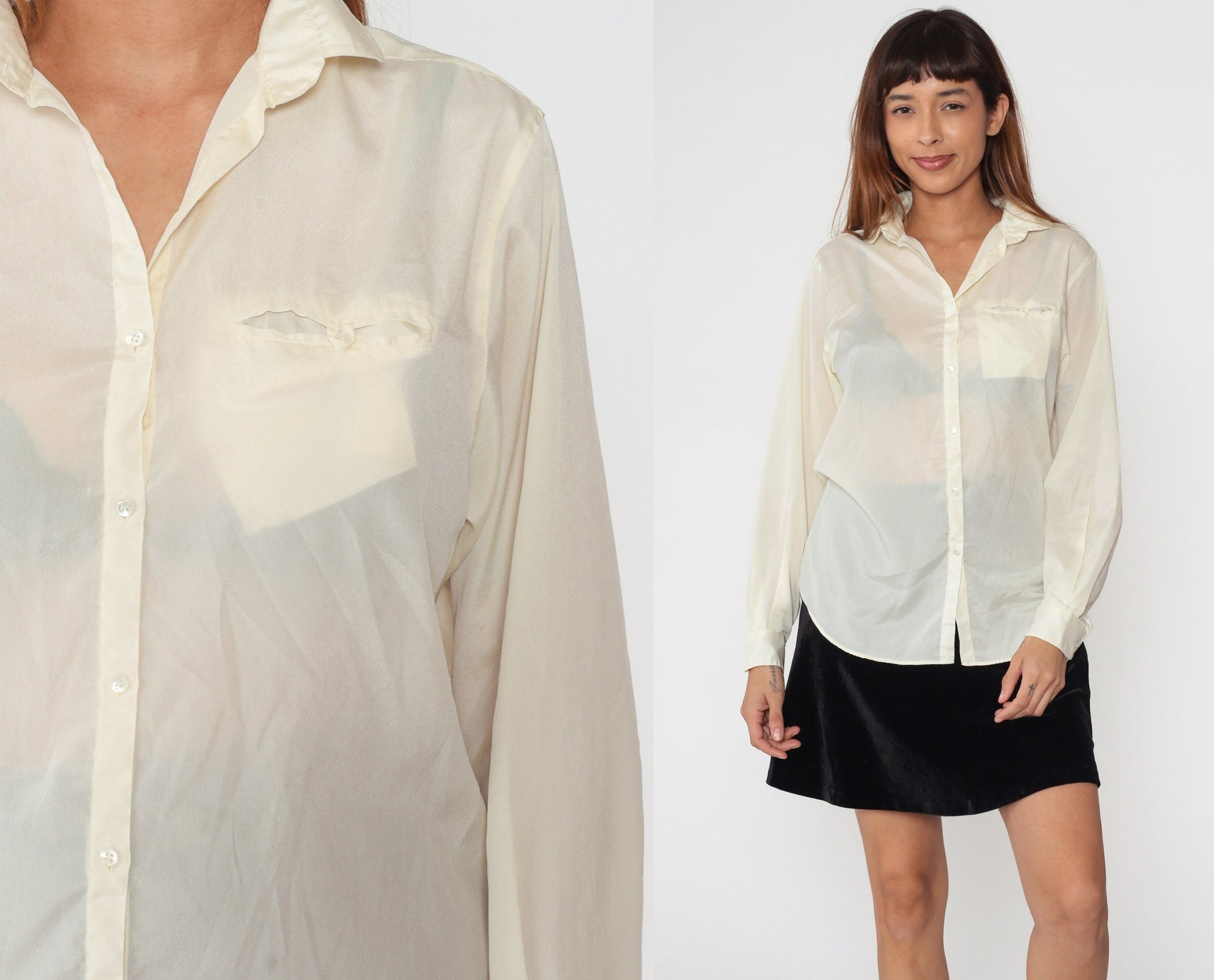 80s Liz Claiborne Cream Button-Up Blouse Long Sleeve Chest Pocket Large