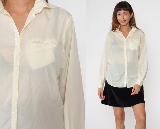 80s Liz Claiborne Cream Button-Up Blouse Long Sleeve Chest Pocket Large