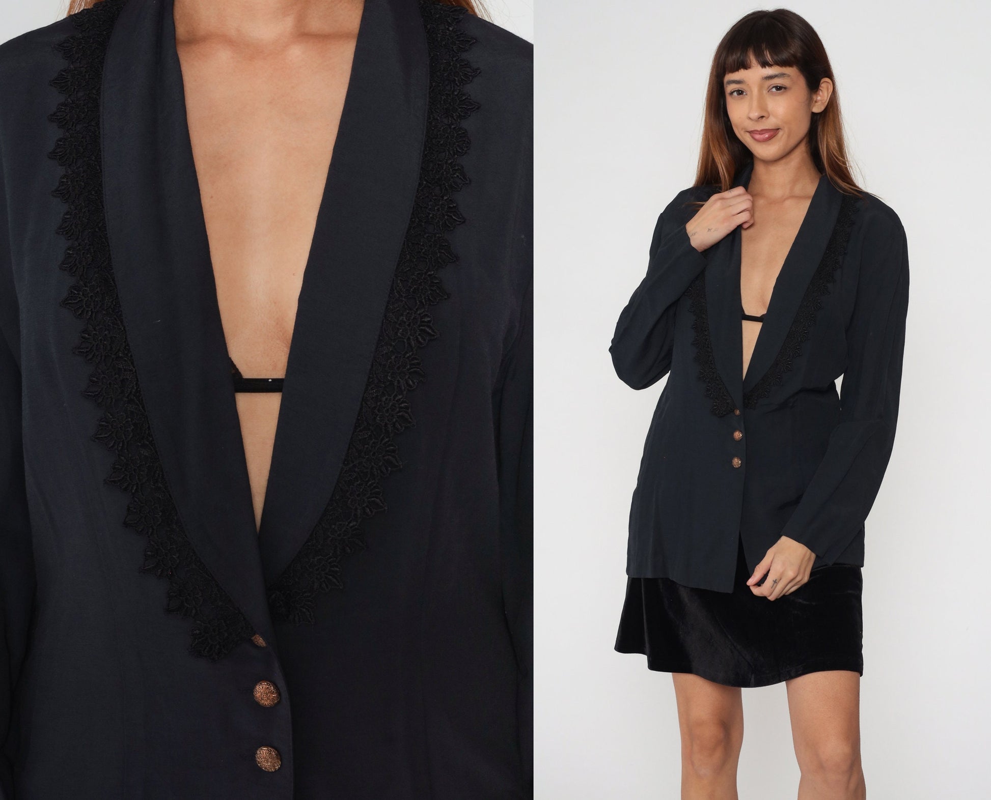 90s Black Blazer Jacket Lace Trim Deep V Neck Button Up Medium M
