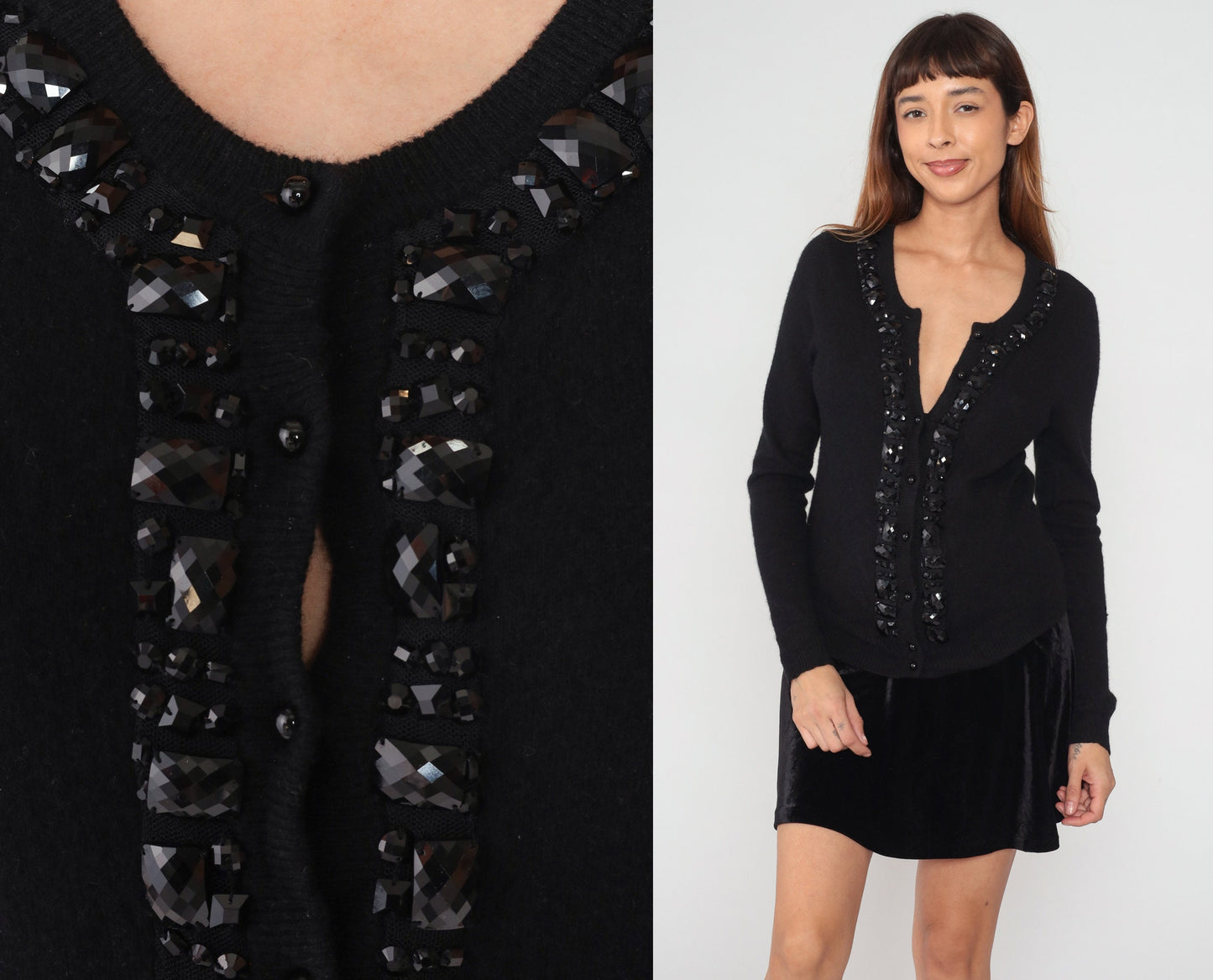 Y2K Black Cashmere Cardigan Rhinestone Beaded Button-Up Sweater Medium M