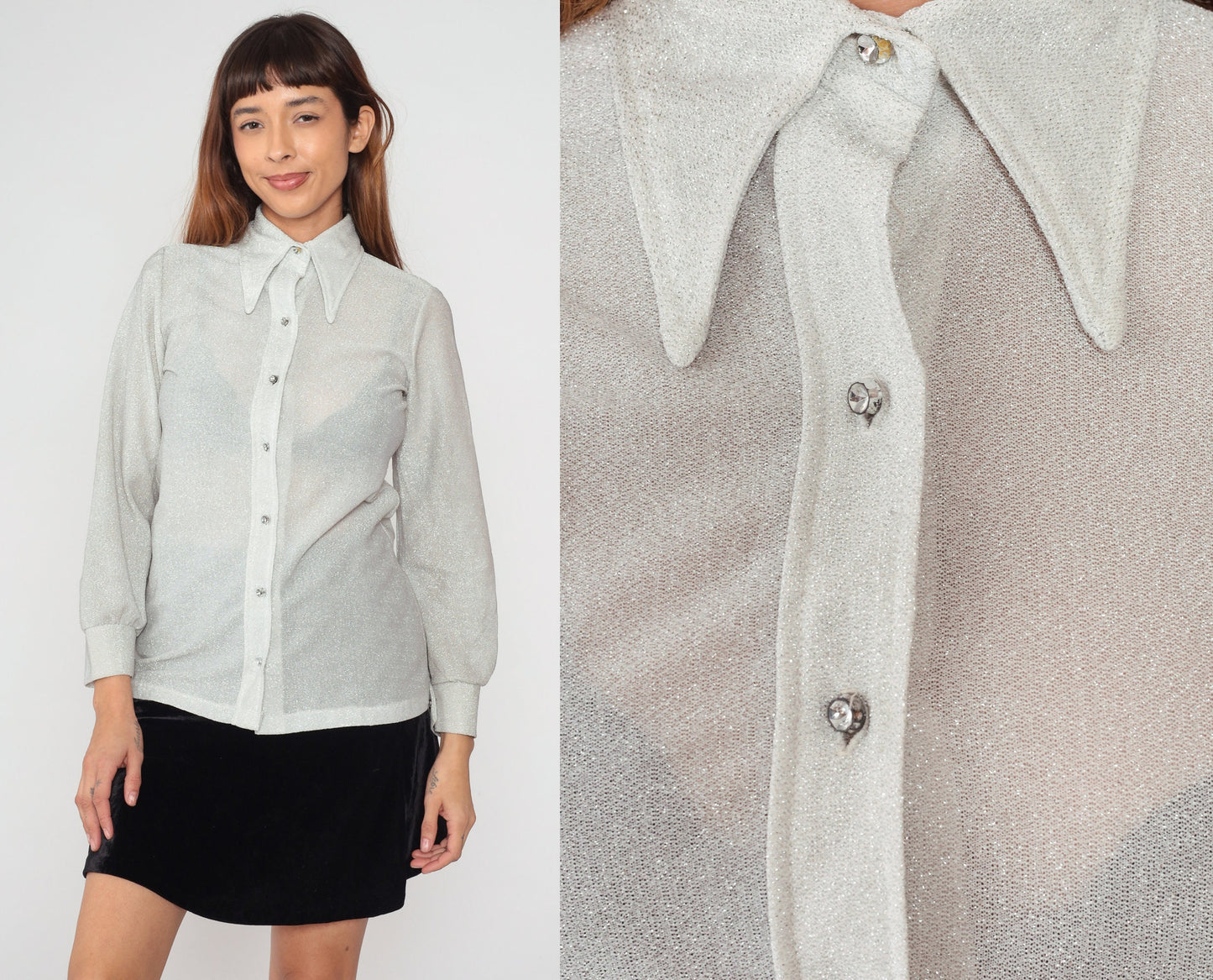 70s Metallic Silver Rhinestone Button Blouse Dagger Collar Long Sleeve Small