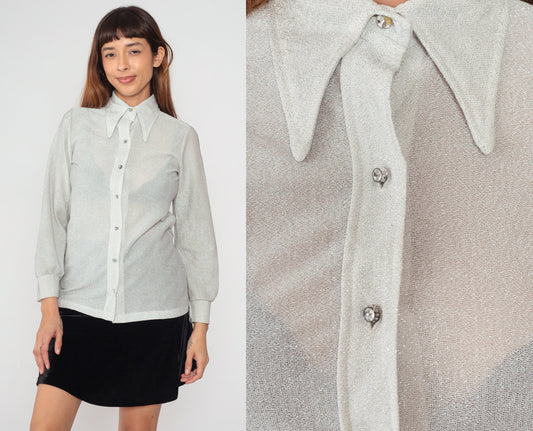 70s Metallic Silver Rhinestone Button Blouse Dagger Collar Long Sleeve Small