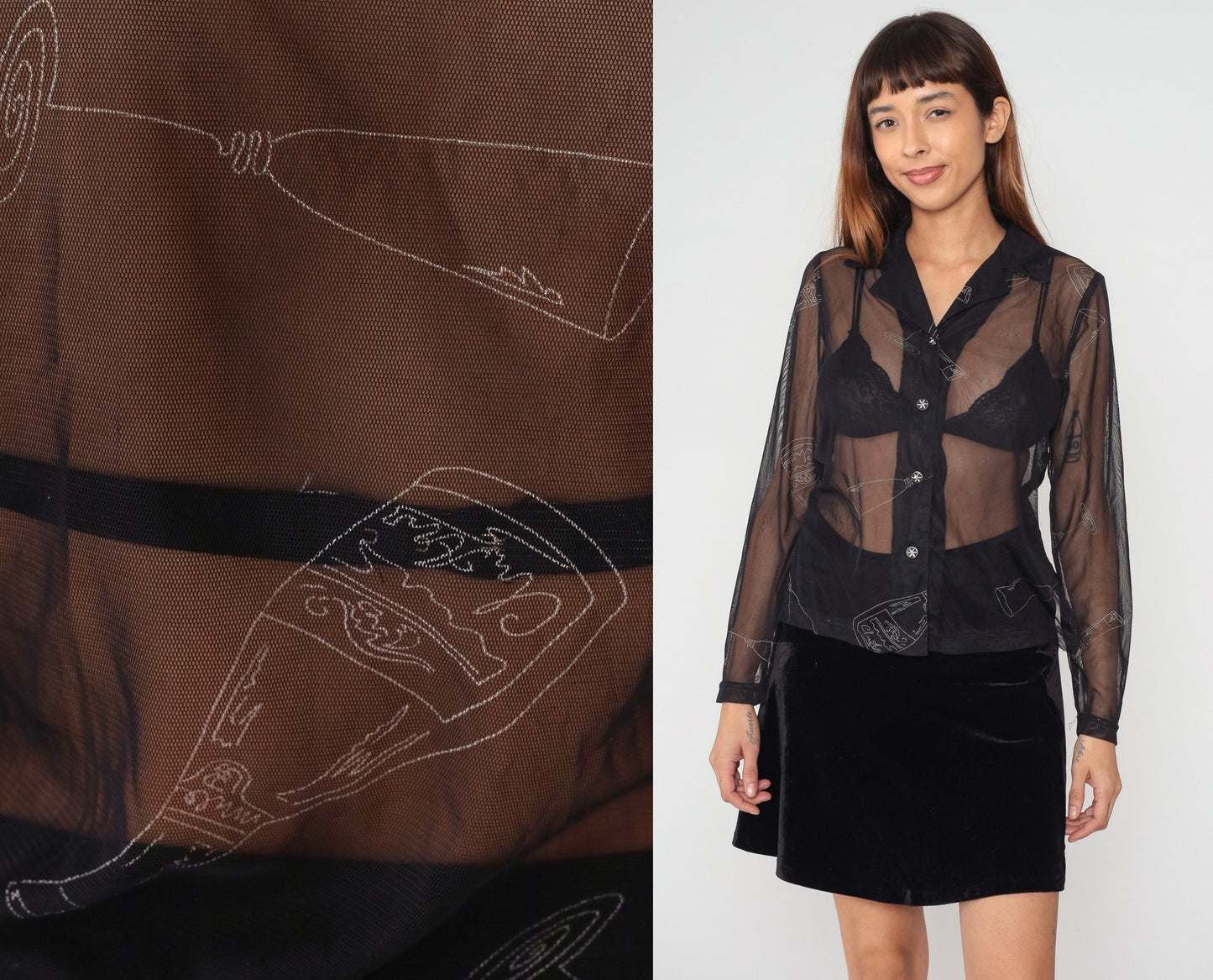 Y2K Black Mesh Blouse Champagne Bottle Glass Print Button-Up Long Sleeve Small S