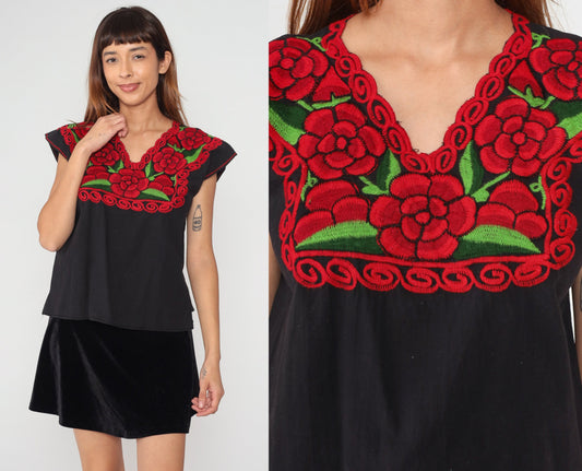 90s Mexican Floral Embroidered Blouse Black Short Sleeve Small
