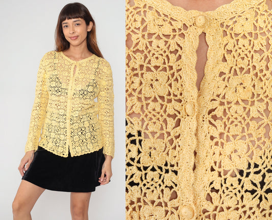 80s Yellow Crochet Cardigan Floral Cutout Cotton Knit Medium