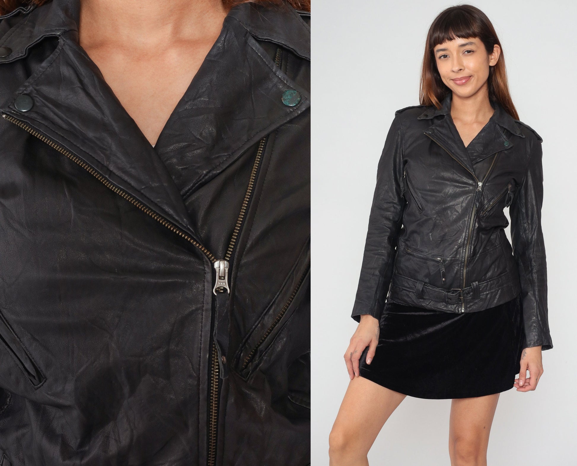 Y2K Sara Bermen Black Leather Moto Jacket Zip Front Small S