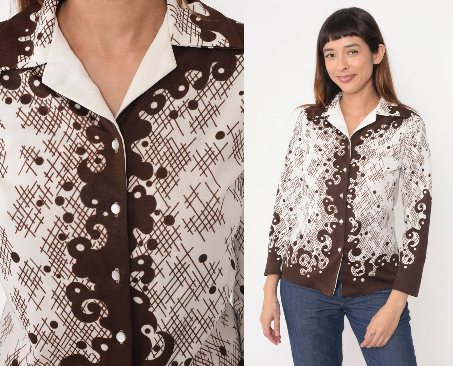 70s Swirl Print Button Up Shirt Brown White Abstract Plaid Dagger Collar Small
