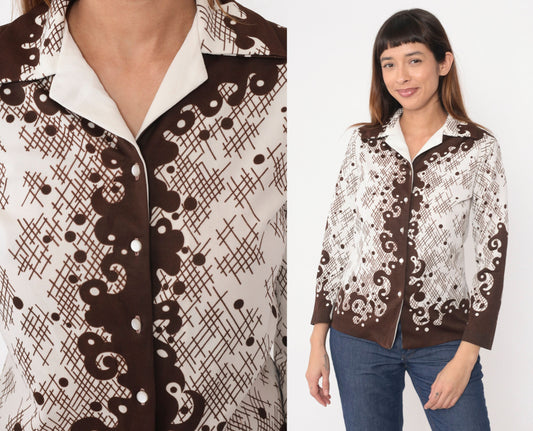 70s Swirl Print Button Up Shirt Brown White Abstract Plaid Dagger Collar Small