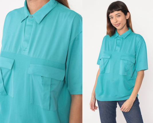 80s Turquoise Polo Shirt Cotton Blend Chest Pocket Banded Hem Extra Large XL