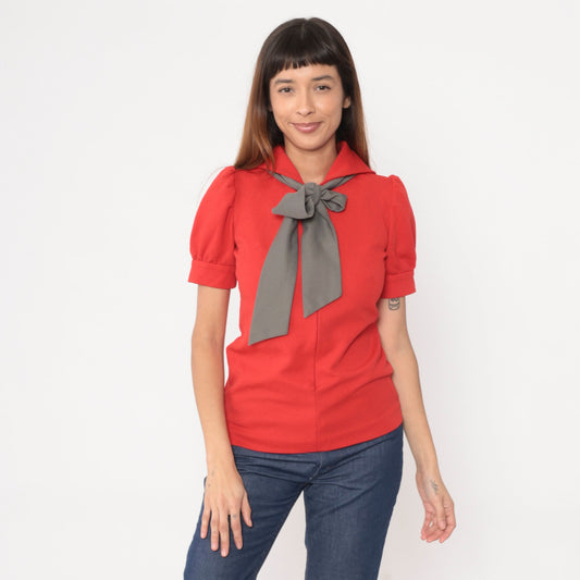 70s Red Sailor Collar Blouse Grey Ascot Puff Sleeve Front Zip Small
