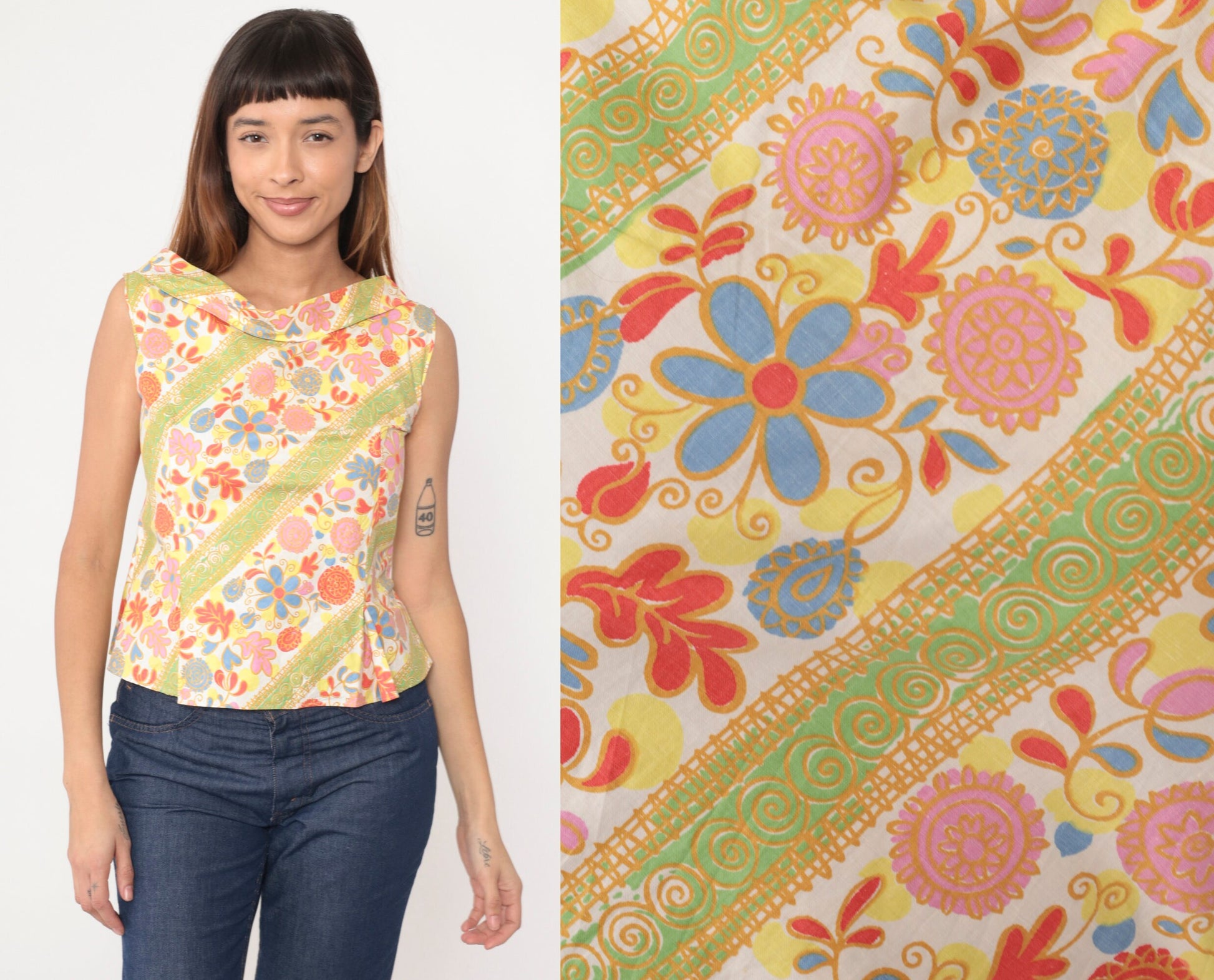 60s Floral Heart Tank Top Button Back Boatneck Cotton Sleeveless Extra Small
