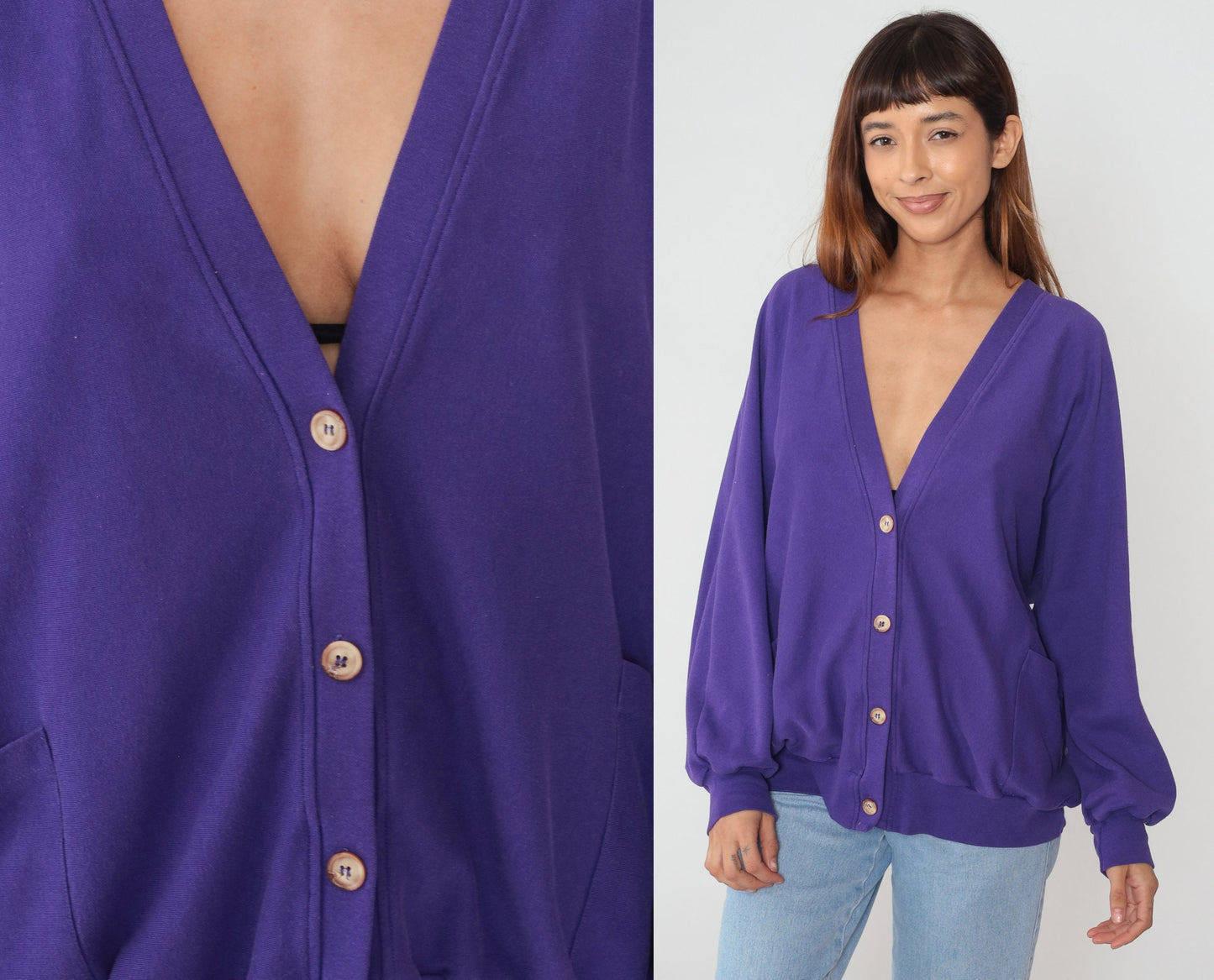 90s Purple Cardigan Sweatshirt Button Up Slouchy Pockets One Size
