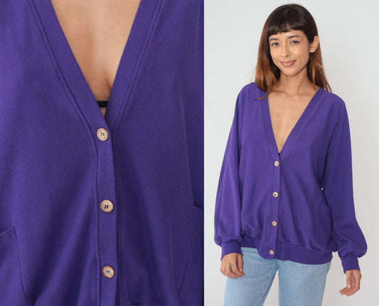 90s Purple Cardigan Sweatshirt Button Up Slouchy Pockets One Size