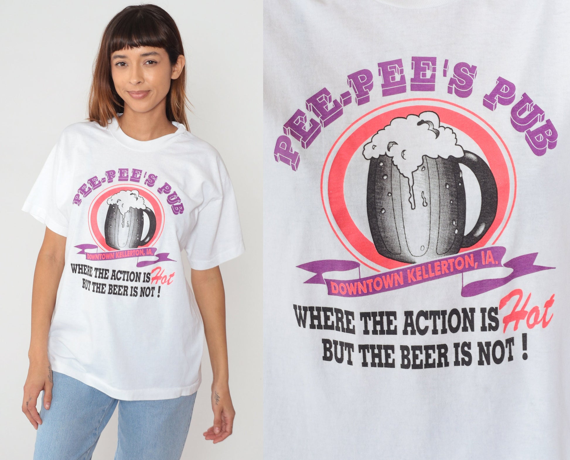 90s Pee-Pee's Pub Kellerton Iowa Graphic T-Shirt White Single Stitch Large