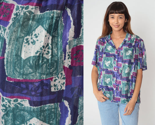 90s Abstract Floral Button-Up Blouse Short Sleeve Purple Pink Blue-Green XXL