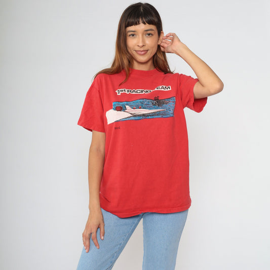 90s 1st Racing Team Speedboat Graphic T-Shirt Red Single Stitch Cotton Medium
